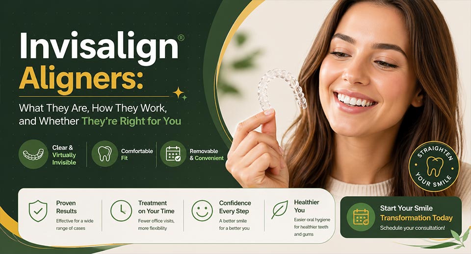 Invisalign clear aligners banner showing modern teeth straightening solution with invisible braces and confident smile