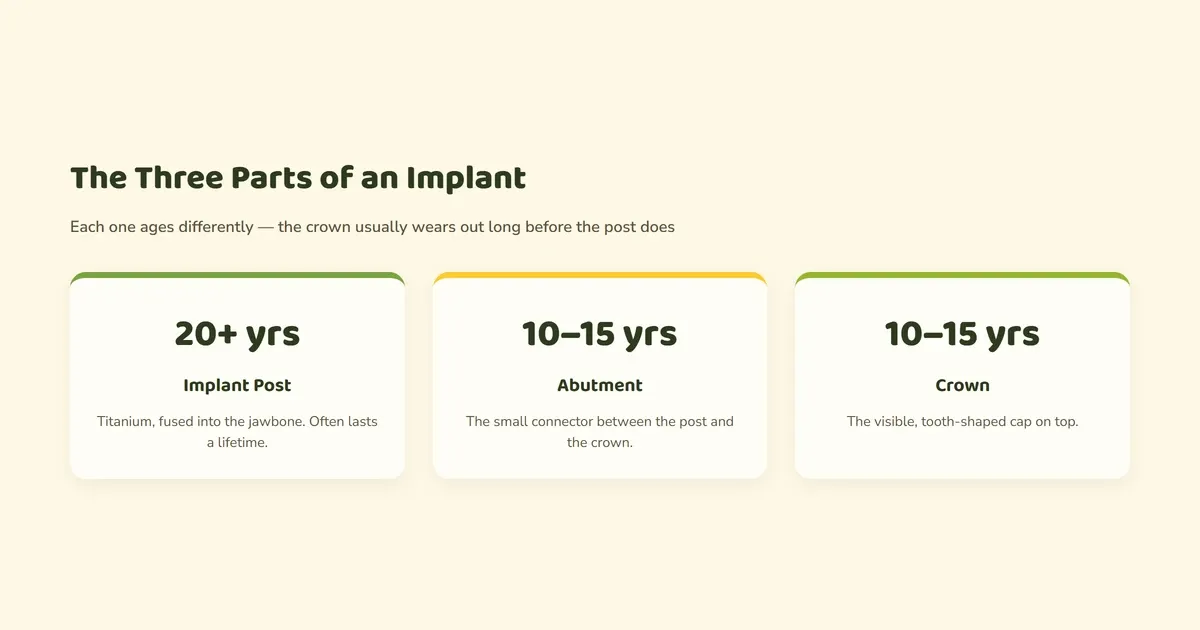 Diagram showing the three parts of a dental implant and how long each part typically lasts
