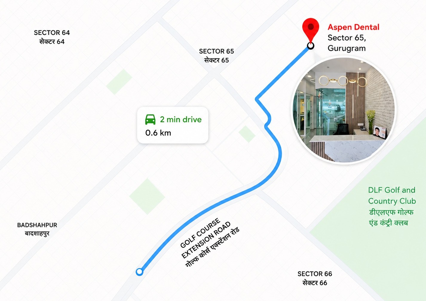 Route from Sector 65 to Aspen Dental Gurgaon — South Point Mall, Golf Course Road
